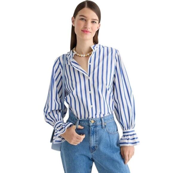 J.Crew Long Sleeve Button Down Shirt M Striped Blue White Ruffle Cuff Poplin - Picture 1 of 16